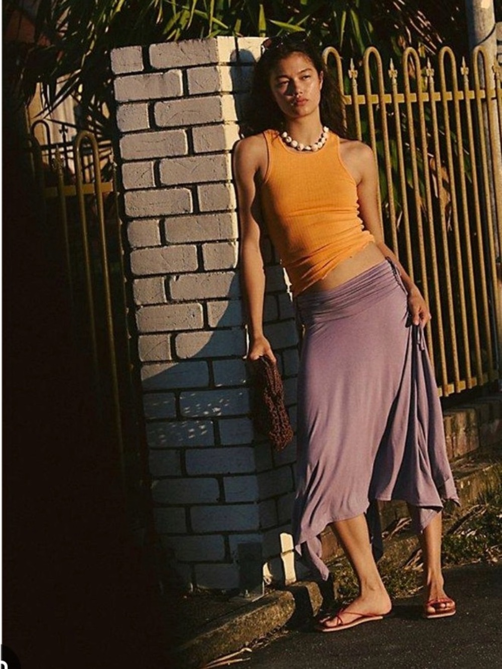 Free People Lavender Asymmetrical Midi Skirt with Orange Top Styling